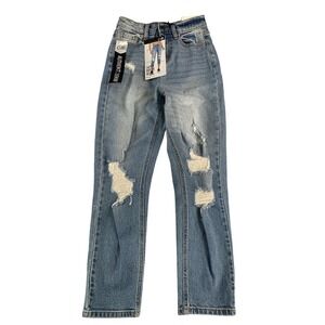 Cello Jeans Womens 00 23 Blue Super High Rise Mom Fit Distressed Denim Authentic